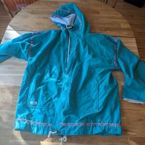 Vintage Boutique Teal Hooded Jacket with Patterned Trim